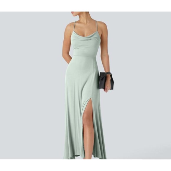 Halara Ribbed Cowl Neck Backless Crisscross Lace Up Split Midi Party Dress Sz Me - Picture 14 of 14